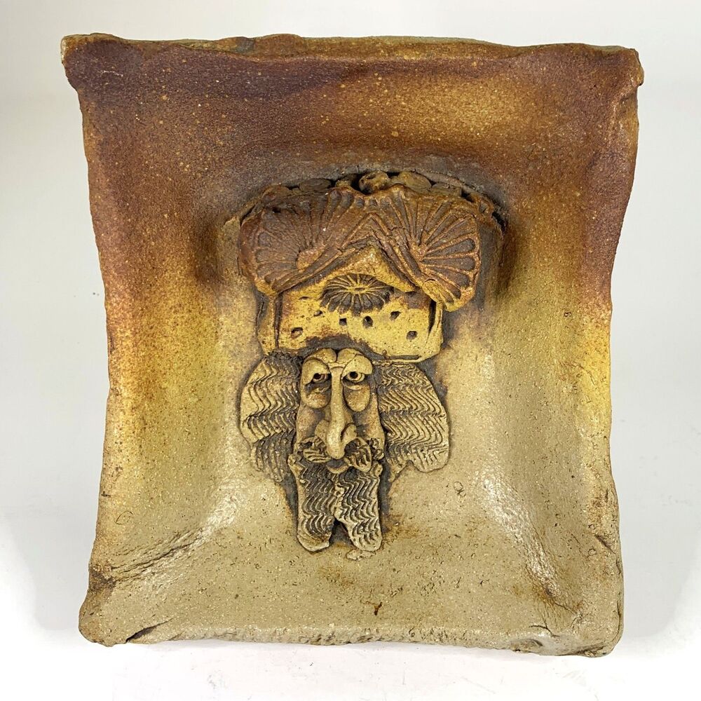 Bearded Man Handmade Pottery Wall Hanging Plaque Artist Signed  Boho Exotic